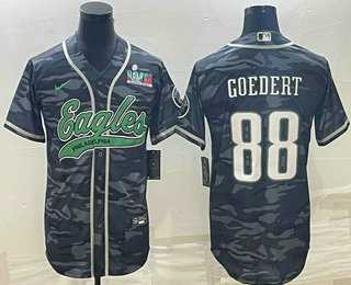 Mens Philadelphia Eagles #88 Dallas Goedert Grey Camo With Super Bowl LVII Patch Cool Base Stitched Baseball Jersey